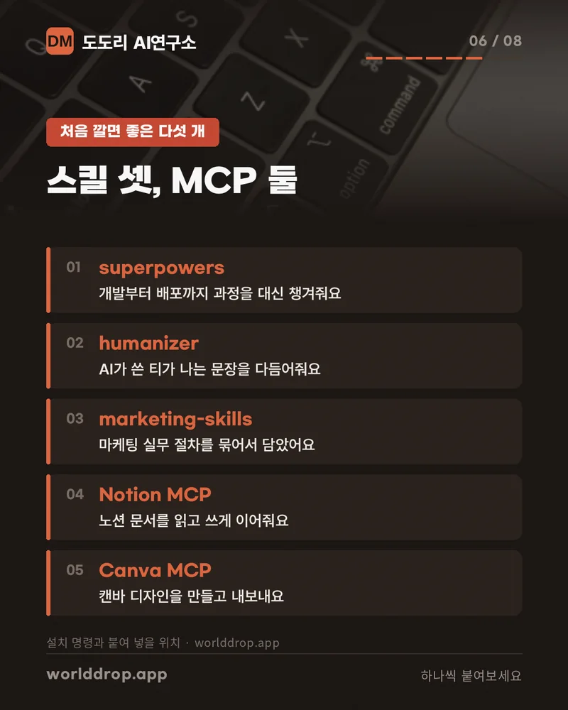 처음 깔면 좋은 다섯 개 목록. 스킬 셋(superpowers, humanizer, marketing-skills)과 MCP 서버 둘(Notion MCP, Canva MCP).