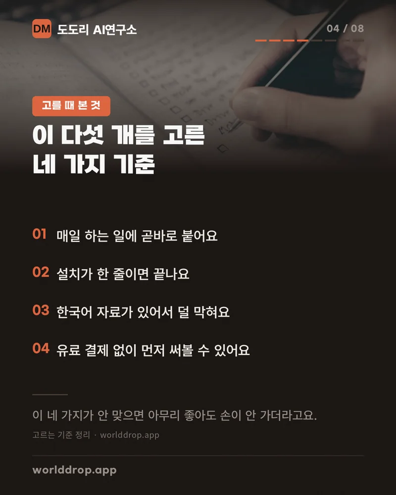 다섯 개를 고른 네 가지 기준을 정리한 목록. 매일 하는 일에 곧바로 붙는가, 설치가 한 줄인가, 한국어 자료가 있는가, 유료 결제 없이 써 볼 수 있는가.