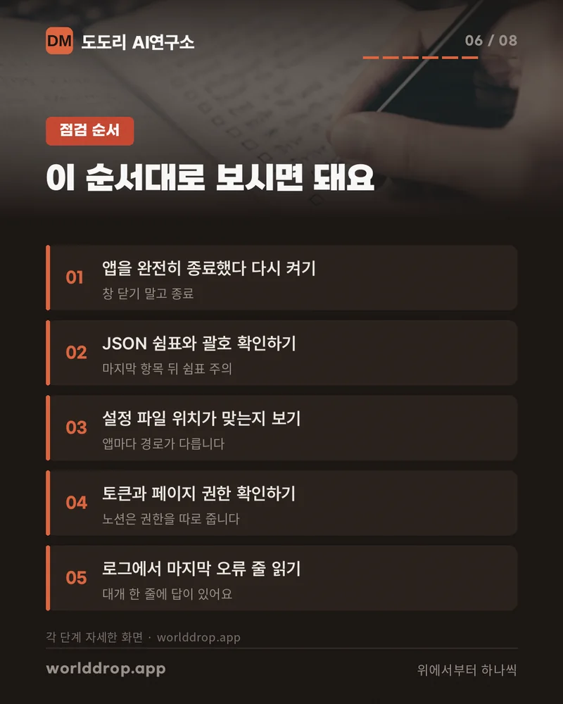 MCP 서버가 안 뜰 때 점검하는 순서를 정리한 목록.