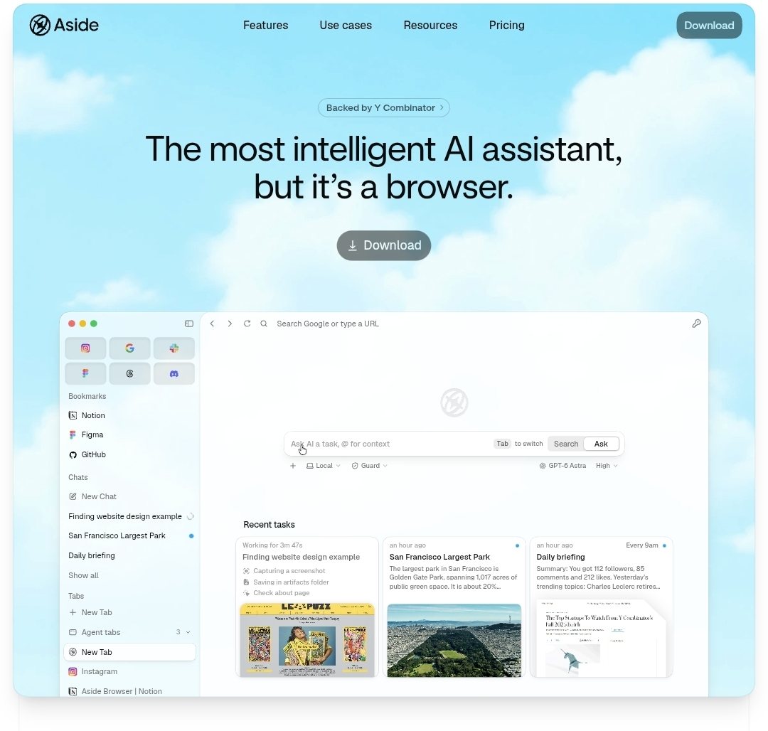 Aside 공식 사이트 첫 화면. Backed by Y Combinator 표시 아래 'The most intelligent AI assistant, but it's a browser.' 문구와 다운로드 단추, 그 아래 Aside 브라우저 화면이 보인다