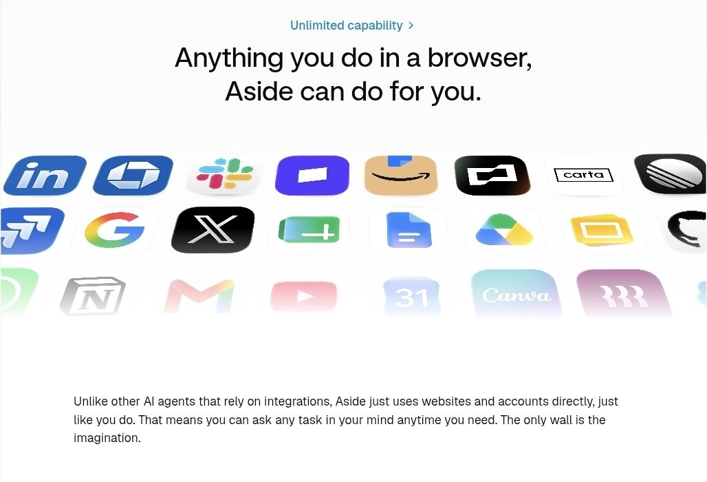 'Anything you do in a browser, Aside can do for you.' 문구 아래에 링크드인, 슬랙, 아마존, 카르타, X, 구글 문서, 구글 드라이브, 노션, 지메일, 유튜브, 구글 캘린더, 캔바 아이콘이 늘어선 공식 사이트 화면