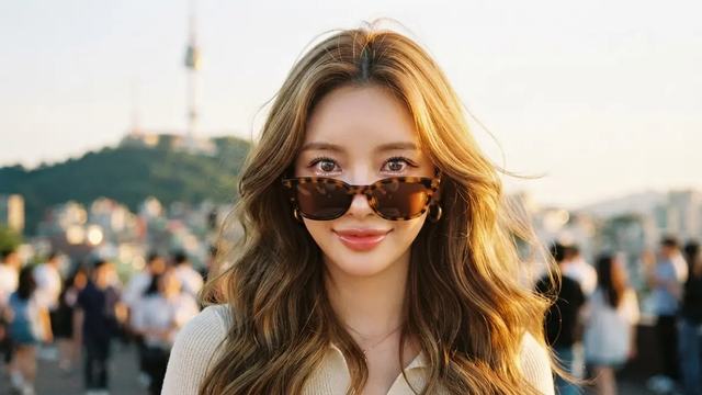 해질녘 남산타워를 배경으로 선글라스를 쓴 여성의 클로즈업 사진